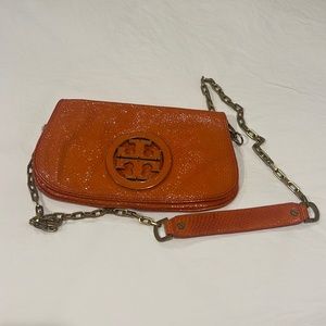 Tory, Burch, orange snake, skin clutch, or Crossbody